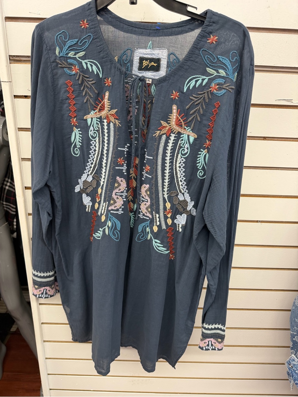BIYA Embroidered Boho Tunic Top XL Navy Floral Long Sleeve Peasant Blouse